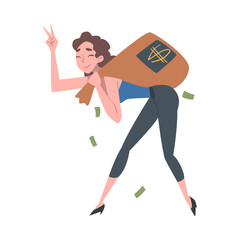 Fototapeta na wymiar Successful Rich Girl Running Carrying Bag Full of Money, Wealthy Person, Millionaire Character, Financial Success, Profit, Income Concept Cartoon Style Vector Illustration