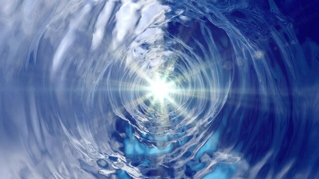 The rotation of the water in the form of a cone with outgoing light from the center. Looped animation. 3d render.