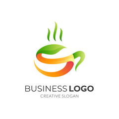 herbal tea logo, cup and leaf, combination logo with 3d green and yellow color style