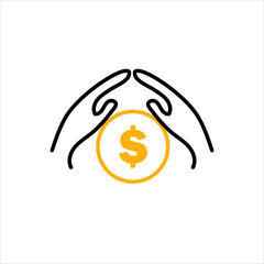 Coin, dollar in hands isolated icon. Saving money. Vector illustration.