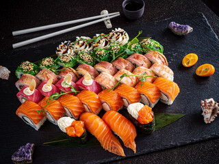 sushi on the black background