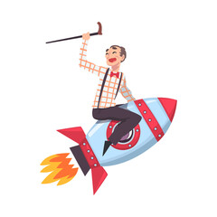 Happy Mature Man with Walking Cane Flying on Space Rocket, Leadership, Competition Concept Cartoon Style Vector Illustration