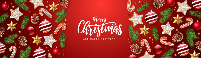 Merry Christmas and Happy New Year greeting card. Christmas holiday background with fir tree, snowflakes, glass balls, pine cones and stars