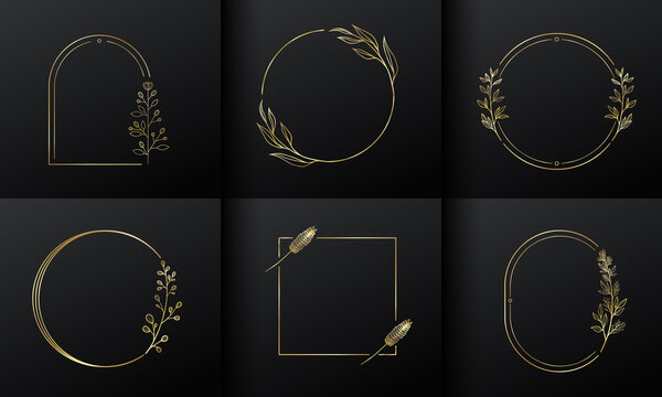 Golden circle flower frame for monogram logo design. Gradient gold flower border.