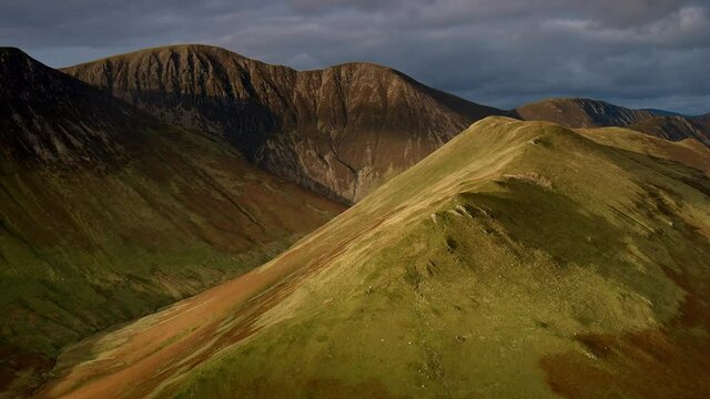 Drone footage during Autumn Winter light of Knott Rigg in the English Lake District, uk.