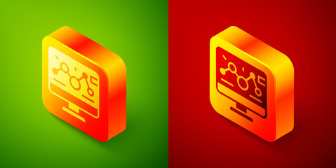 Isometric Genetic engineering modification on laptop icon isolated on green and red background. DNA analysis, genetics testing, cloning. Square button. Vector.