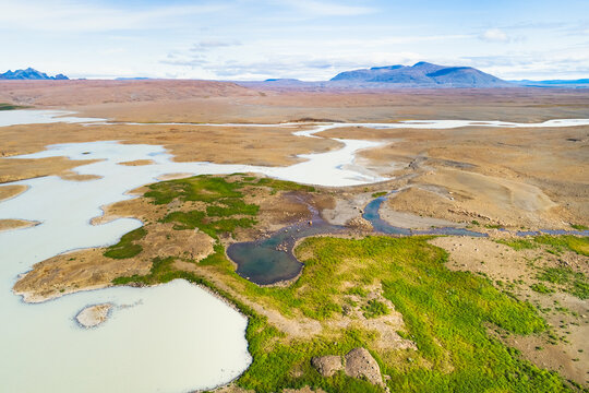Aerial view of lake Sandvatn and mountain Blafell in the highlands of Iceland