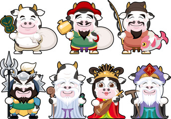 牛の七福神　丑の年賀状素材