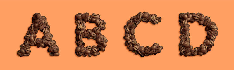 Coffee font alphabet letter a, b, c, d made of realistic coffee beans 3D rendering with Clipping path ready to use. For your creative Food and Cafe font in graphic design with several concept idea © Brilliantist Studio