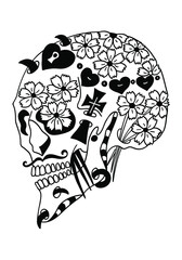 Mexican holiday Day of the Dead Celebration Festival and Halloween. Sugar skull  for poster, card, print, emblem, sign, tattoo, t-shirt, background.  Black and white vector illustration.