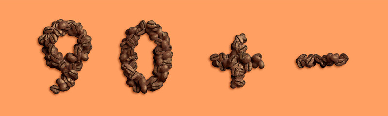 Coffee font number 9, 0, +, - made of realistic coffee beans 3D rendering with Clipping path ready to use. For your creative Food and Cafe font in graphic design with several concept idea