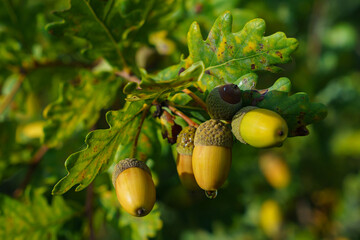 A bunch of ripe acorns on an oak branch. Close-up.