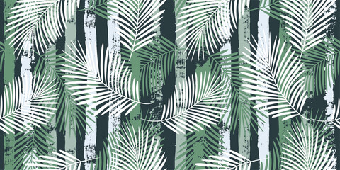 Tropical pattern, palm leaves seamless vector floral background. Exotic plant on stripes. spring nature jungle print. Leaves of palm tree on paint lines. ink brush strokes.