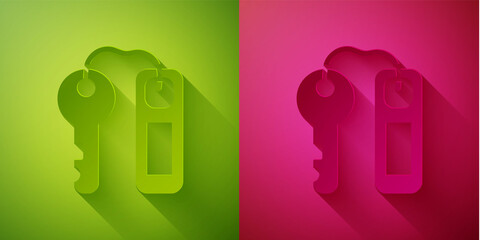 Paper cut Hotel door lock key with number tag icon isolated on green and pink background. Paper art style. Vector.