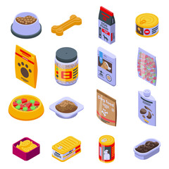 Dog food icons set. Isometric set of dog food vector icons for web design isolated on white background