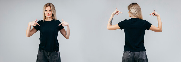 Black t-shirt on a young woman, front and back