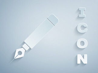 Paper cut Fountain pen nib icon isolated on grey background. Pen tool sign. Paper art style. Vector.