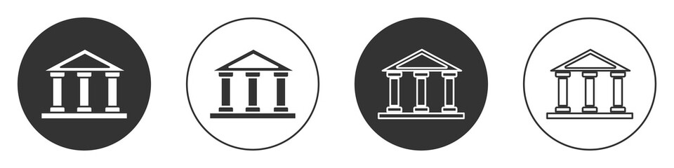 Black Courthouse building icon isolated on white background. Building bank or museum. Circle button. Vector.