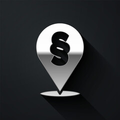 Silver Location law icon isolated on black background. Long shadow style. Vector.