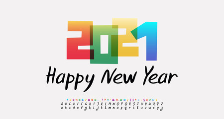 Greeting poster Happy New Year 2021. Multicolor transparent cartoon numbers and handwritten letters font black color. Vector illustration