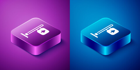 Isometric Road traffic sign. Signpost icon isolated on blue and purple background. Pointer symbol. Street information sign. Direction sign. Square button. Vector.