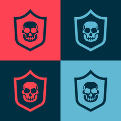 Pop art Shield with pirate skull icon isolated on color background. Vector.