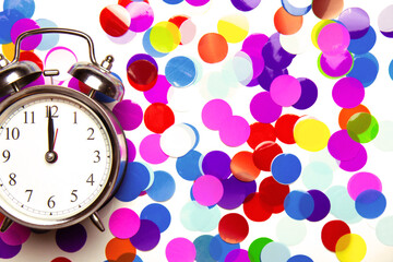 Beautiful vintage silver alarm clock on background of festive, multicolored paper confetti in the form of circles