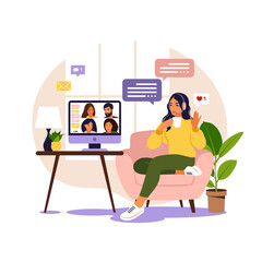 Woman using computer for collective virtual meeting and group video conference. Man at desktop chatting with friends online. Video conference, remote work, technology concept.
