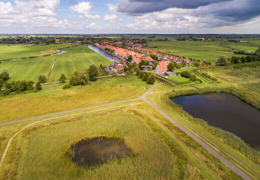 Aerial view of village Broek in Waterland with Volgermeerpolder, Netherlands