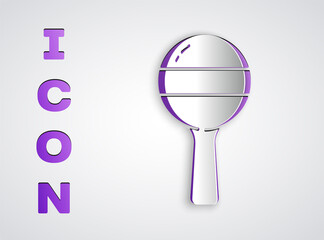 Paper cut Rattle baby toy icon isolated on grey background. Beanbag sign. Paper art style. Vector.