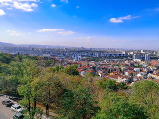 Fototapeta na wymiar Bird's eye view of Ankara - the capital of Turkey. Summer-autumn panorama of the city from the wall of Ankara castle