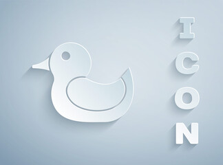 Paper cut Rubber duck icon isolated on grey background. Paper art style. Vector.