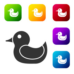 Black Rubber duck icon isolated on white background. Set icons in color square buttons. Vector.