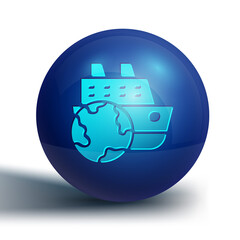 Blue Cruise ship icon isolated on white background. Travel tourism nautical transport. Voyage passenger ship, cruise liner. Worldwide cruise. Blue circle button. Vector.
