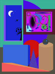 abstract colorful background, attic windows on the night