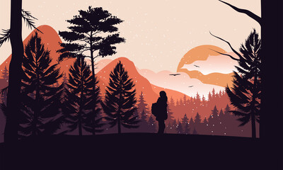 Illustration vector graphic of natural landscape, mountains, and trees