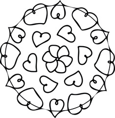 Round mandala with hearts in monochrome colors.  Vector doodle illustrations for cards and designs for Valentine's Day, wedding, as well as logos and posters.