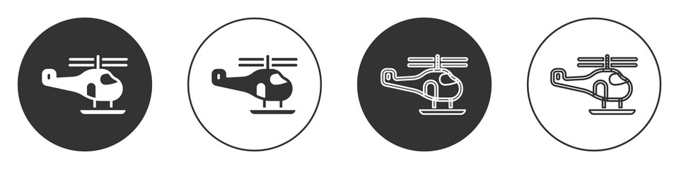 Black Helicopter aircraft vehicle icon isolated on white background. Circle button. Vector.