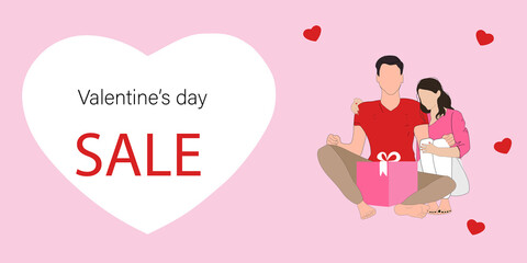 Valentine's day promo sale flyer with young couple and present. Vector illustration for poster, banner, discount, special offer. 