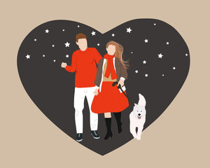 Illustration of a couple who fall in love. Valentines day greeting card. Peoples walk with dog on the background of the heart.