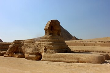 Egypt, Giza, Sphinx statue in the desert of ancient Cairo.