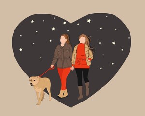 Homosexual female couple holding hands walking with dog vector flat illustration. Two women spending time together feeling love on background of the heart.  