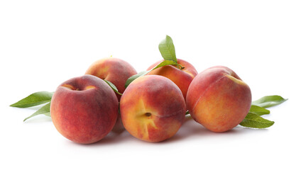 Delicious ripe juicy peaches with leaves isolated on white