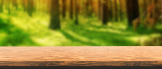 Fototapeta na wymiar Wood table top and blur Forest background.panoramic banner - can be used for display or montage your products.Winter travel style concept - 3d rendering