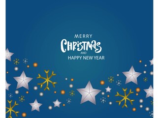 Beautiful Christmas gold and silver stars  on blue background. Flat design. Rectangular format.   