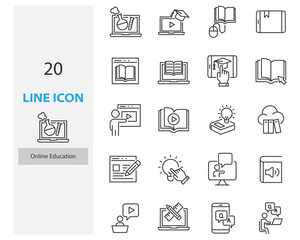 set of online education thin line icons, online study