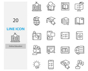 set of online education thin line icons, online study