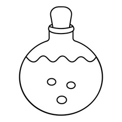 A bottle with a magic elixir. Sketch. Vector illustration. Coloring book for children. Outline on an isolated white background. A miraculous drink. Witch potion in a bottle. Halloween symbol. 