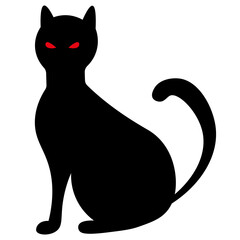 Cat. Silhouette. Witch's pet. Black color. Vector illustration. Halloween symbol. Outline on an isolated background. Flat style. The eyes glow from the darkness. Creation associated with omens.