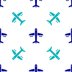Blue Plane icon isolated seamless pattern on white background. Flying airplane icon. Airliner sign. Vector.